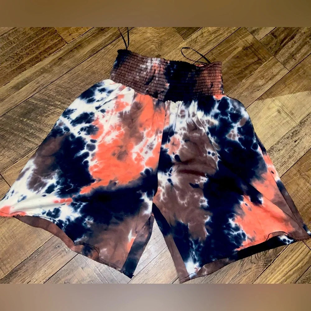 Blanc clothing tie-dye high waisted boyfriend shorts black orange boho casual